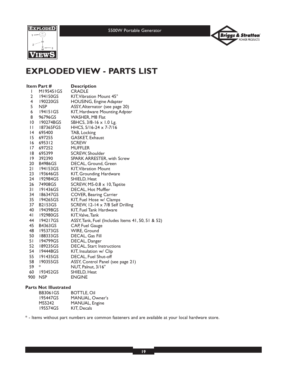 Exploded view - parts list | Briggs & Stratton Elite Series 30209 User Manual | Page 19 / 36