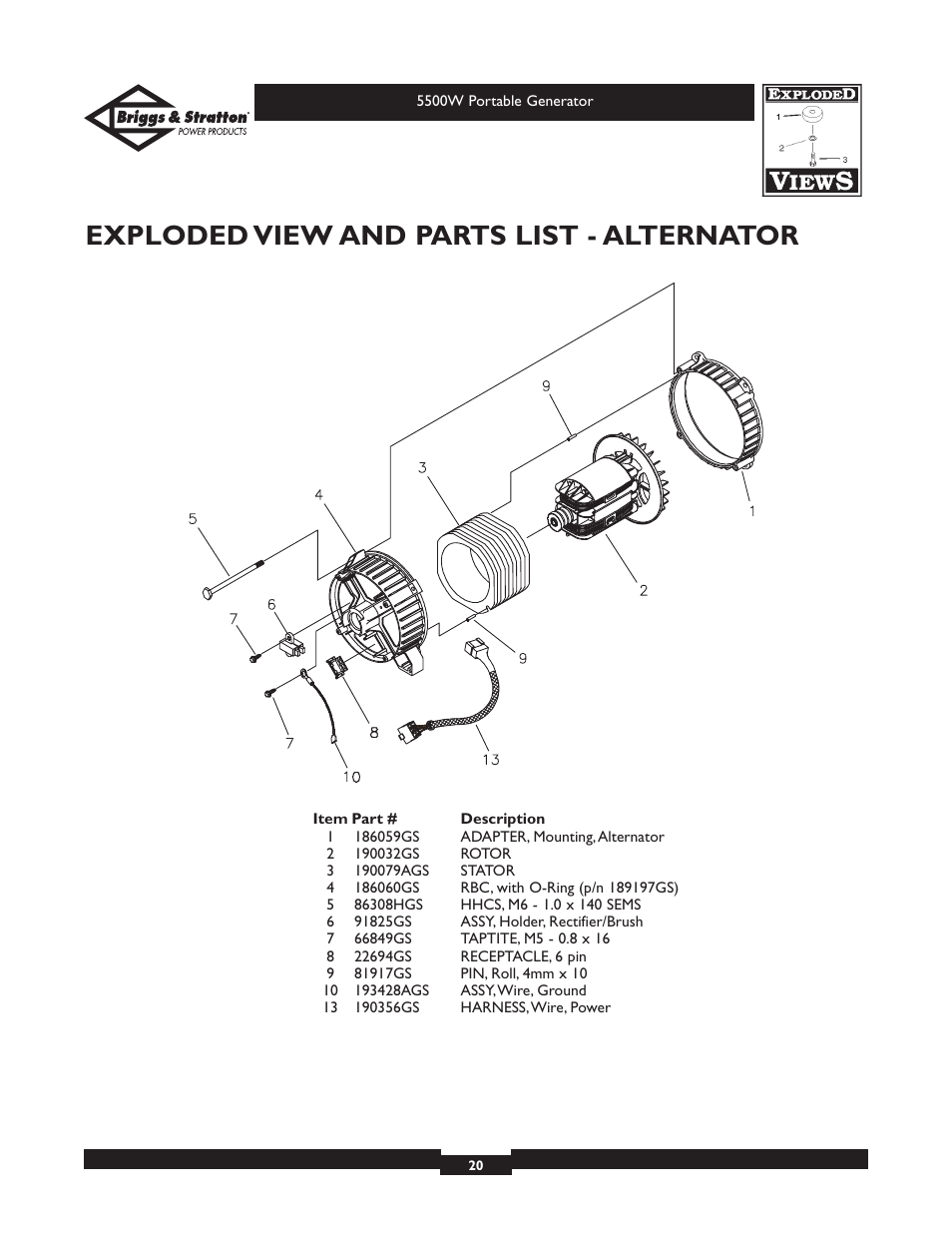 Exploded view and parts list - alternator | Briggs & Stratton Elite Series 30209 User Manual | Page 20 / 36