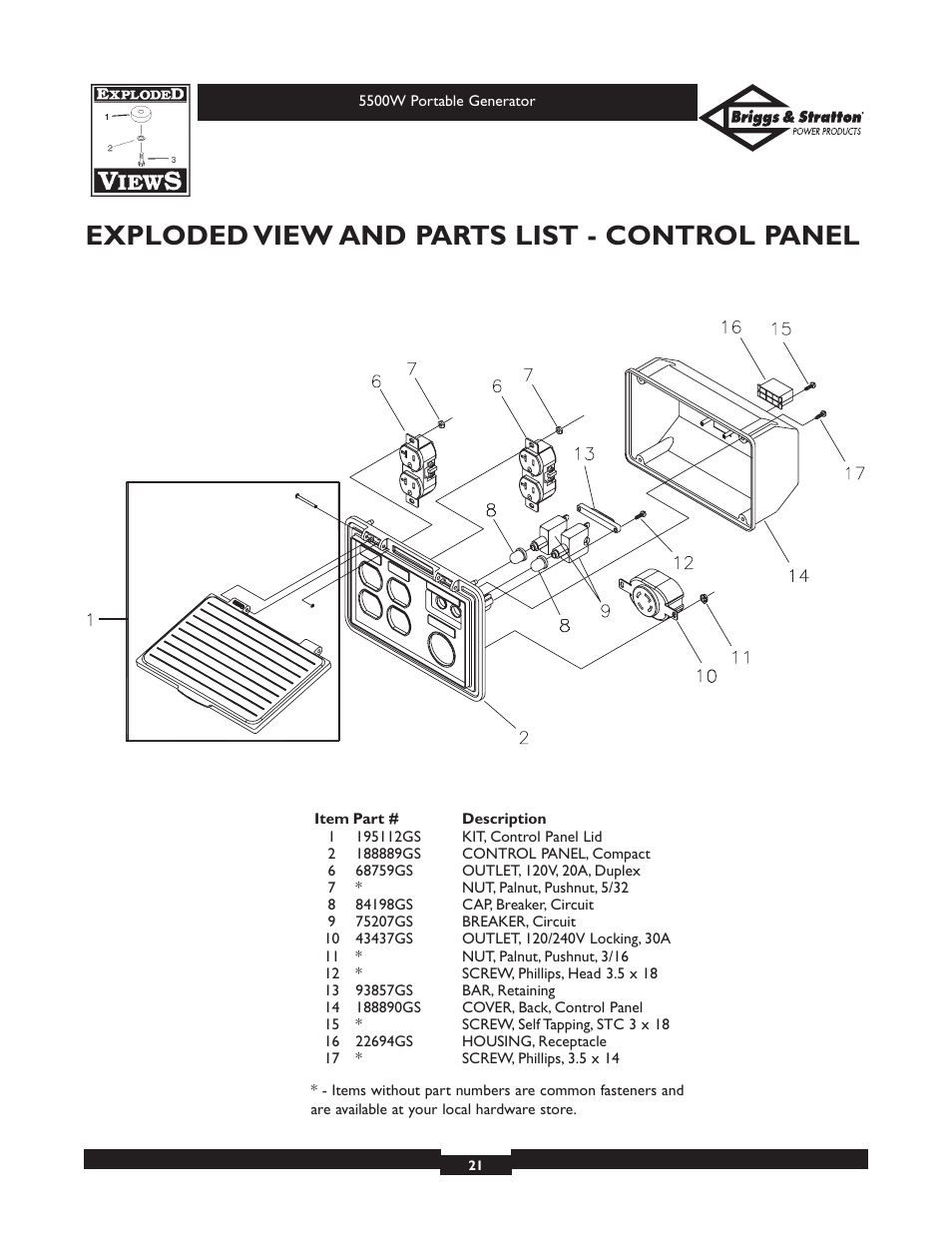 Exploded view and parts list - control panel | Briggs & Stratton Elite Series 30209 User Manual | Page 21 / 36