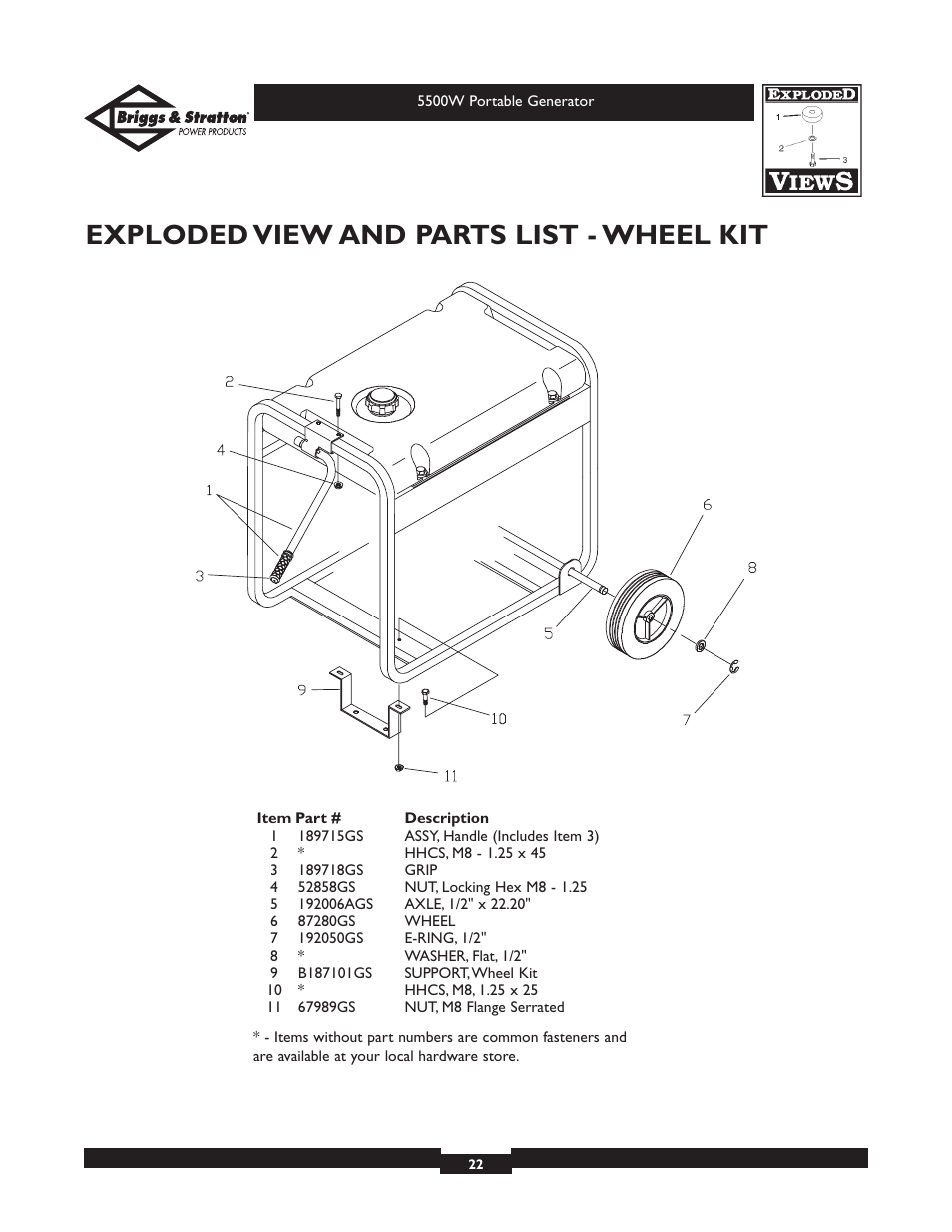 Exploded view and parts list - wheel kit | Briggs & Stratton Elite Series 30209 User Manual | Page 22 / 36