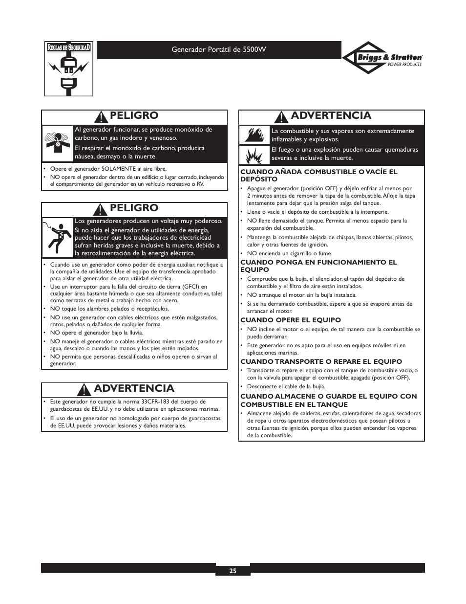 Peligro, Advertencia | Briggs & Stratton Elite Series 30209 User Manual | Page 25 / 36