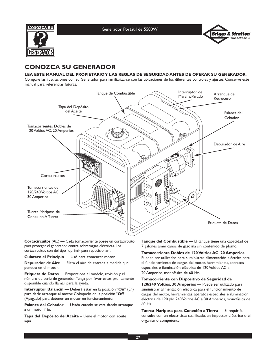 Conozca su generador | Briggs & Stratton Elite Series 30209 User Manual | Page 27 / 36