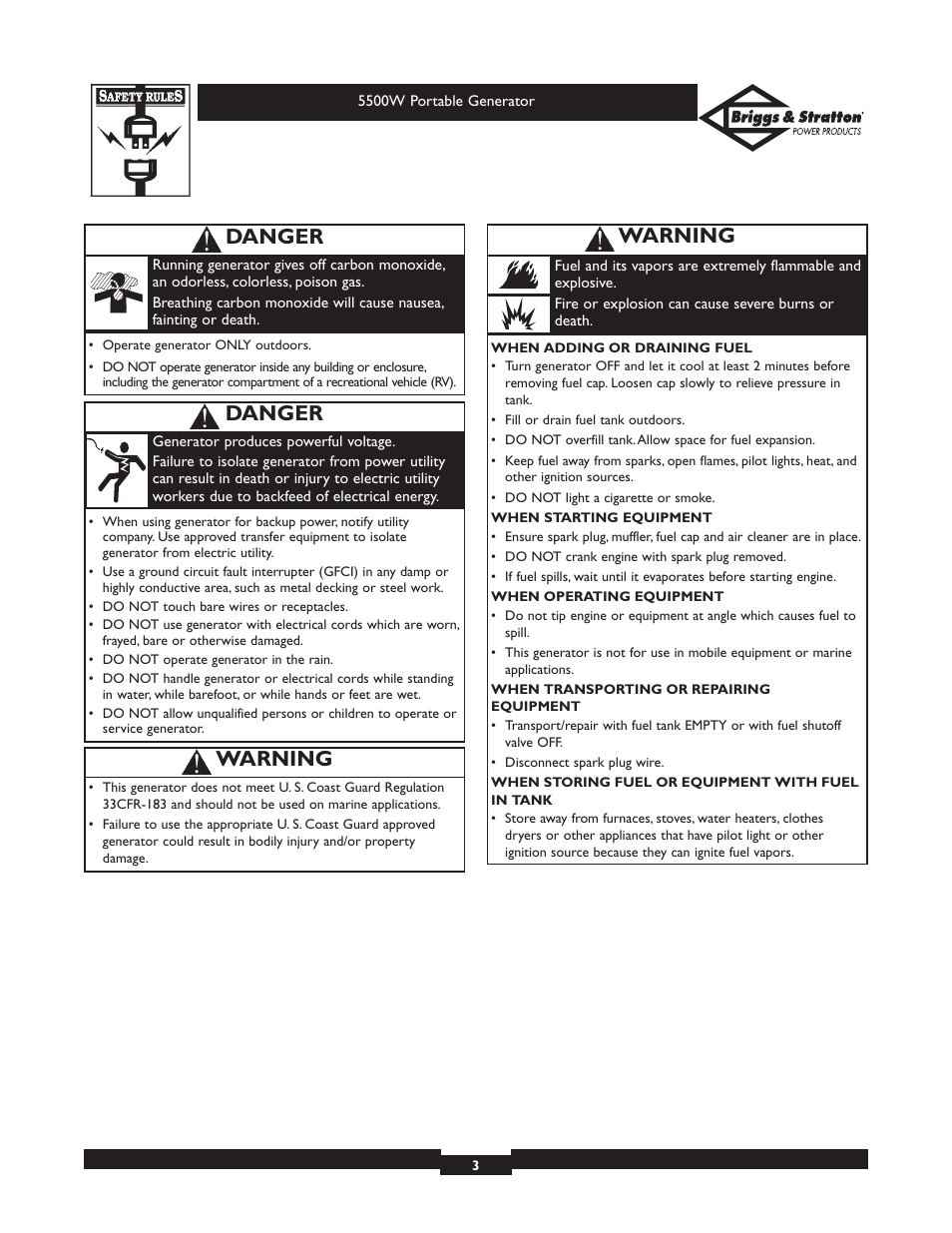 Danger, Warning | Briggs & Stratton Elite Series 30209 User Manual | Page 3 / 36