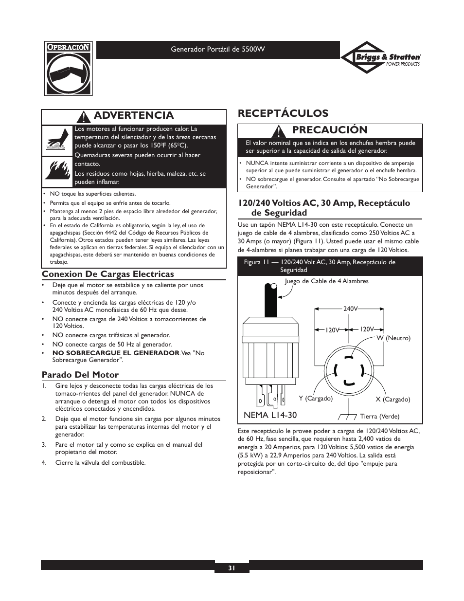 Receptáculos, Precaución, Advertencia | Conexion de cargas electricas, Parado del motor, Nema l14-30 | Briggs & Stratton Elite Series 30209 User Manual | Page 31 / 36