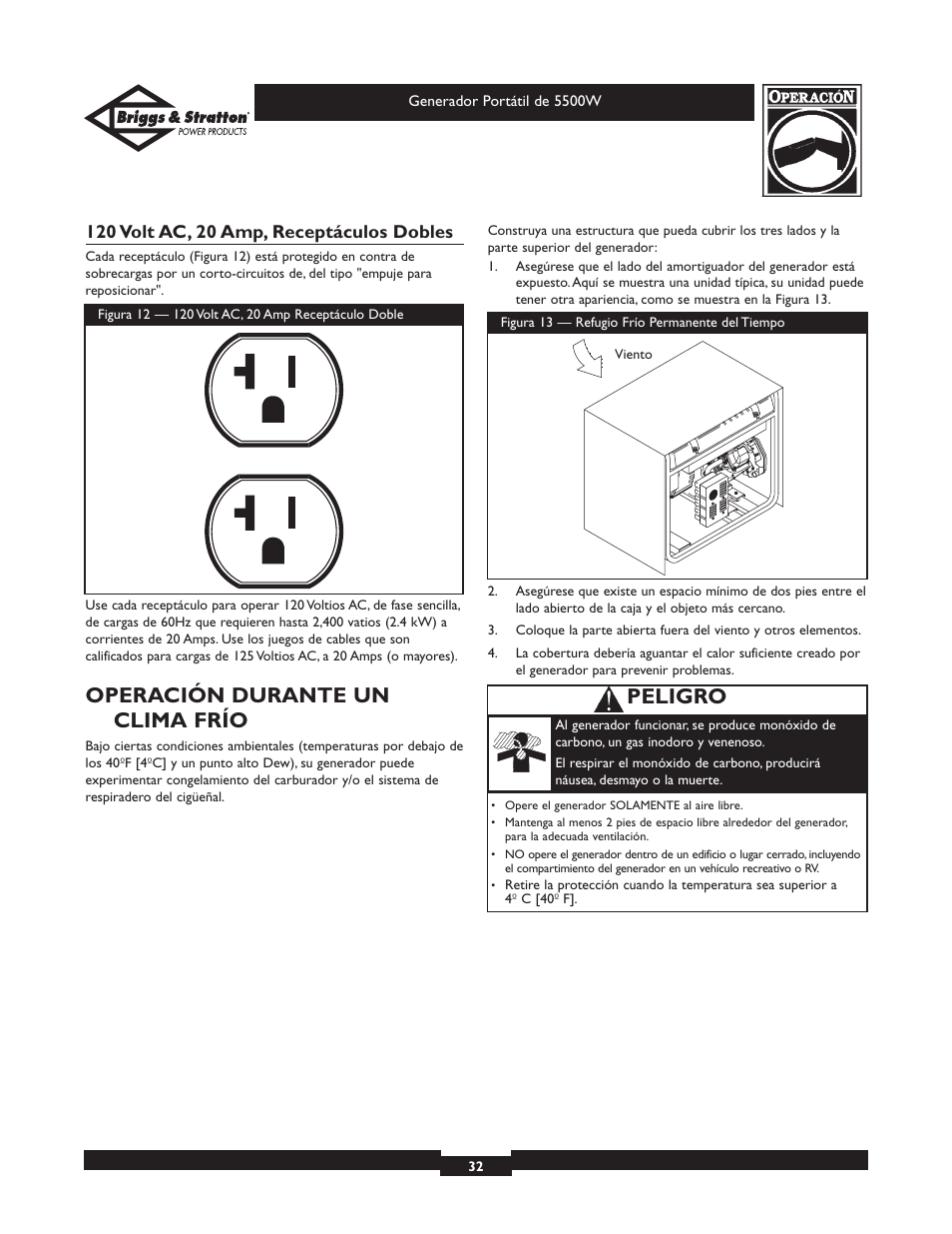 Operación durante un clima frío, Peligro | Briggs & Stratton Elite Series 30209 User Manual | Page 32 / 36