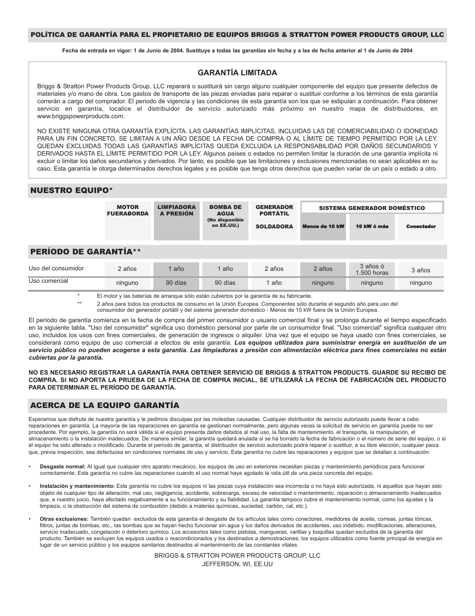 Garantía limitada, Nuestro equipo, Período de garantía | Acerca de la equipo garantía | Briggs & Stratton Elite Series 30209 User Manual | Page 36 / 36