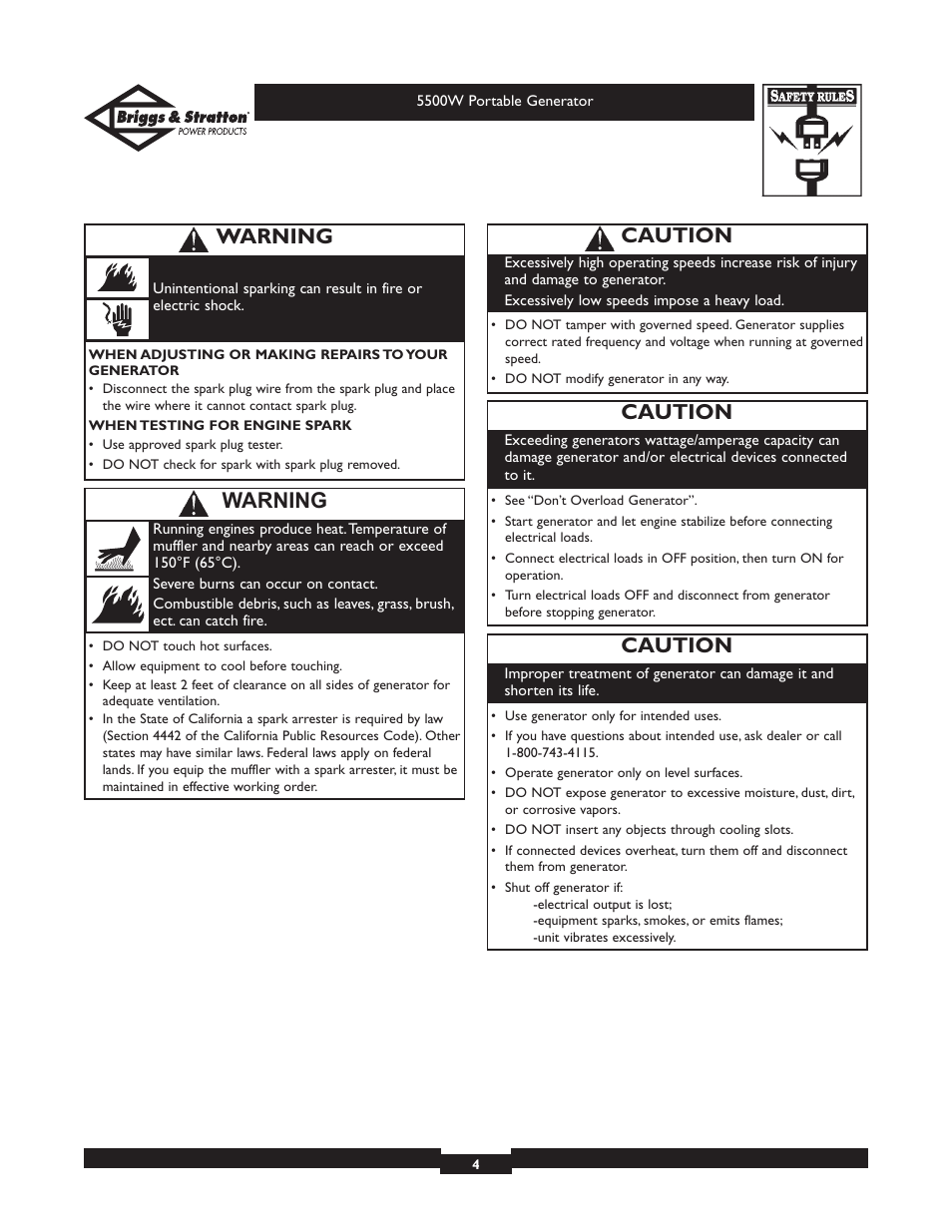 Caution, Warning | Briggs & Stratton Elite Series 30209 User Manual | Page 4 / 36