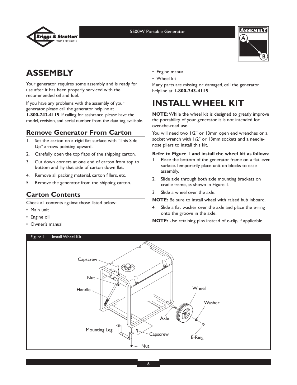 Assembly, Install wheel kit, Remove generator from carton | Carton contents | Briggs & Stratton Elite Series 30209 User Manual | Page 6 / 36