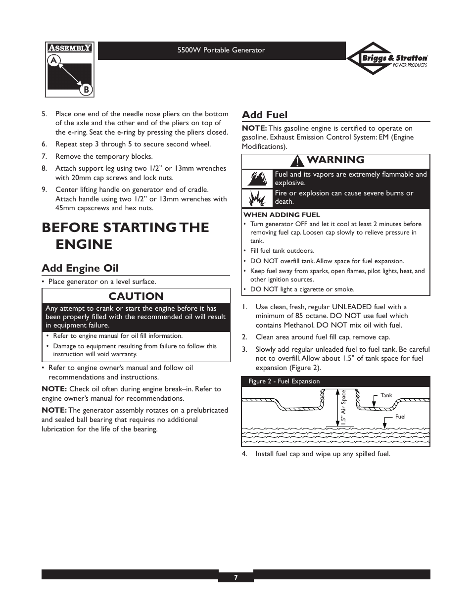 Before starting the engine, Add engine oil, Add fuel | Caution, Warning | Briggs & Stratton Elite Series 30209 User Manual | Page 7 / 36