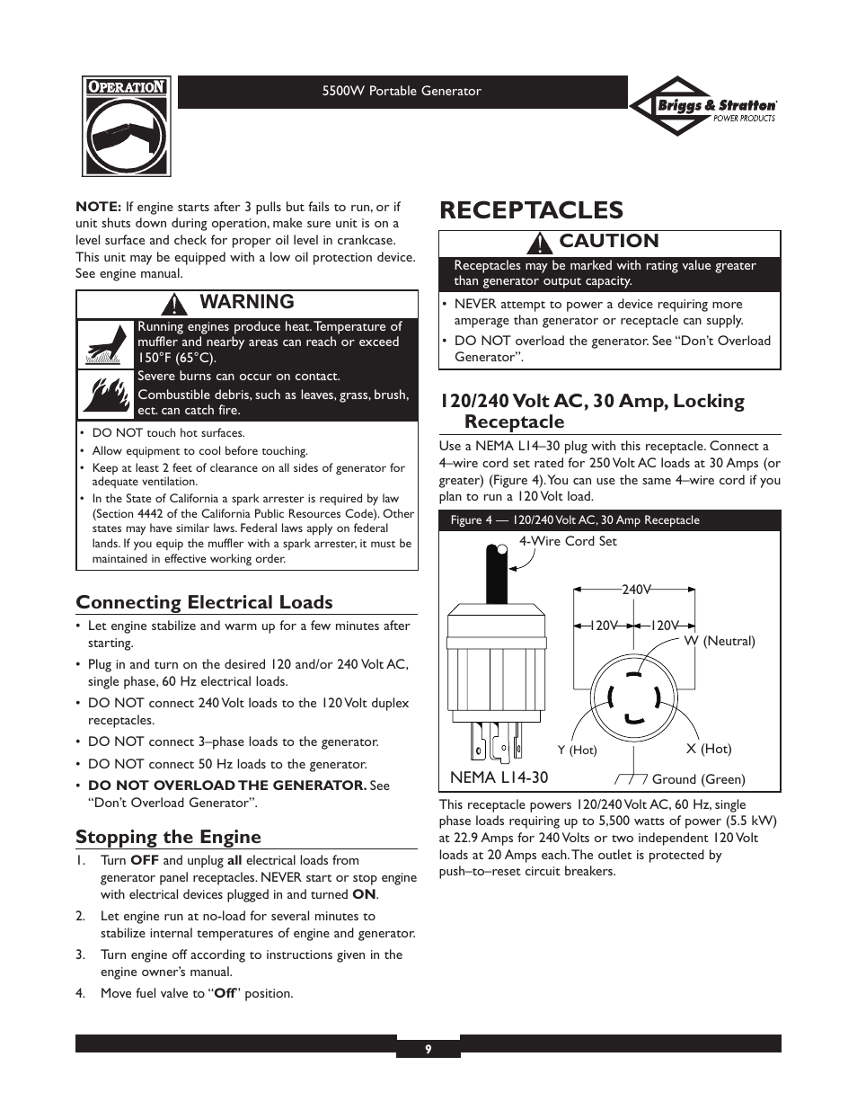 Receptacles, Connecting electrical loads, Stopping the engine | Caution, Warning | Briggs & Stratton Elite Series 30209 User Manual | Page 9 / 36