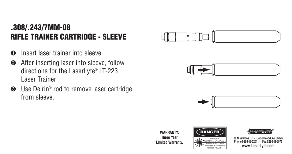 Cbt sight-in steps, Changing batteries, Changement de piles | Use with sleeves, Lt-223 laser trainer ã use delrin, Rod to remove laser cartridge from sleeve | LaserLyte LT-S308 - Large Rez Size User Manual | Page 2 / 2