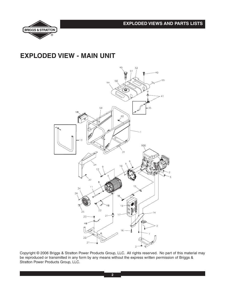 Exploded view - main unit | Briggs & Stratton 030235-01 User Manual | Page 2 / 6