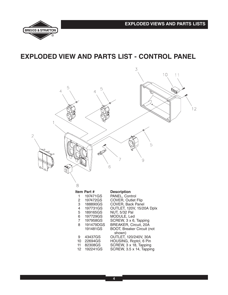 Exploded view and parts list - control panel | Briggs & Stratton 030235-01 User Manual | Page 4 / 6