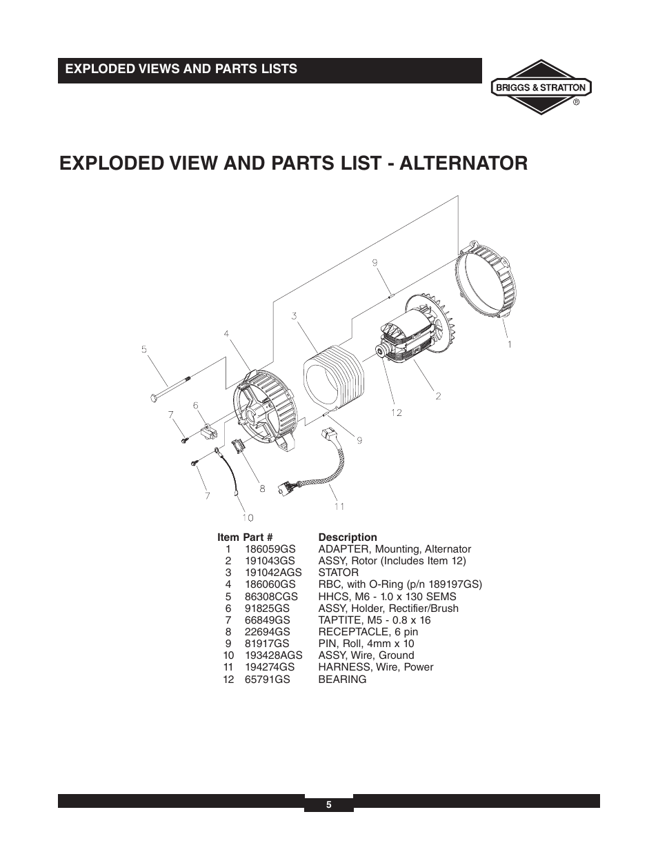 Exploded view and parts list - alternator | Briggs & Stratton 030235-01 User Manual | Page 5 / 6
