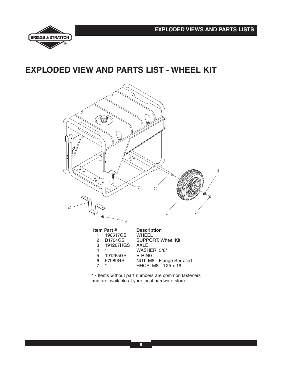 Exploded view and parts list - wheel kit | Briggs & Stratton 030235-01 User Manual | Page 6 / 6