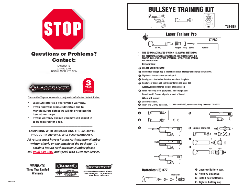 LaserLyte TLB-BEK - Large Rez Size User Manual | 2 pages