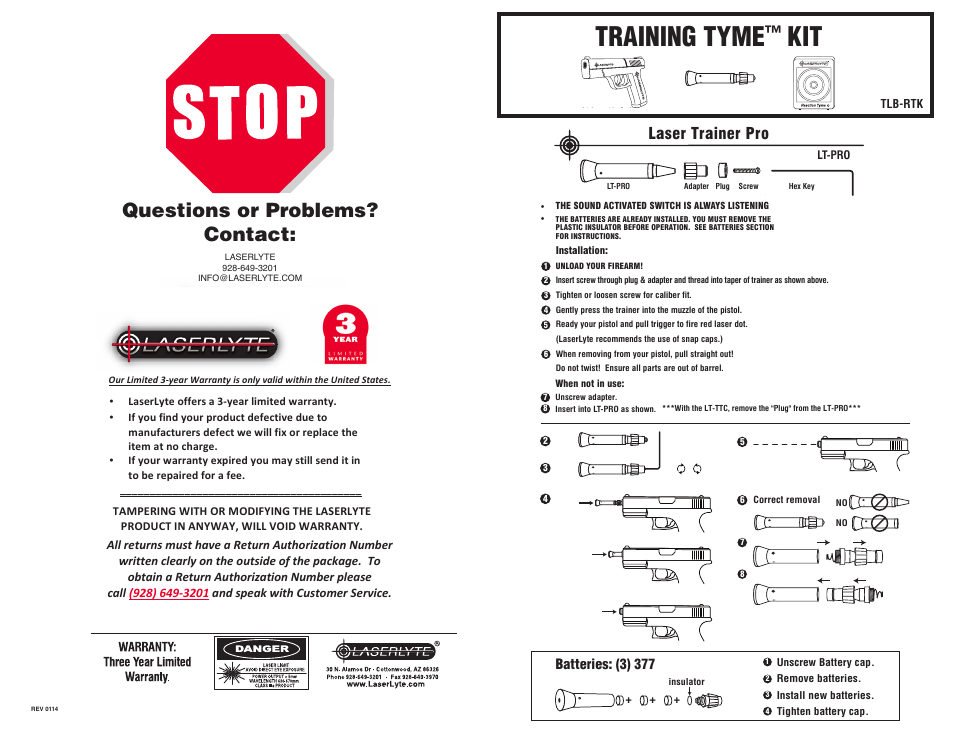 LaserLyte TLB-RTK - Large Rez Size User Manual | 2 pages