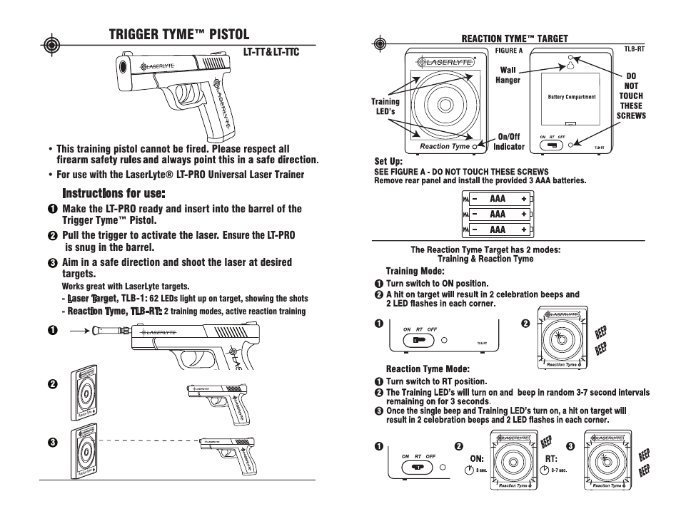 Trigger tyme™ pistol, Instructions for use | LaserLyte TLB-RTK - Large Rez Size User Manual | Page 2 / 2