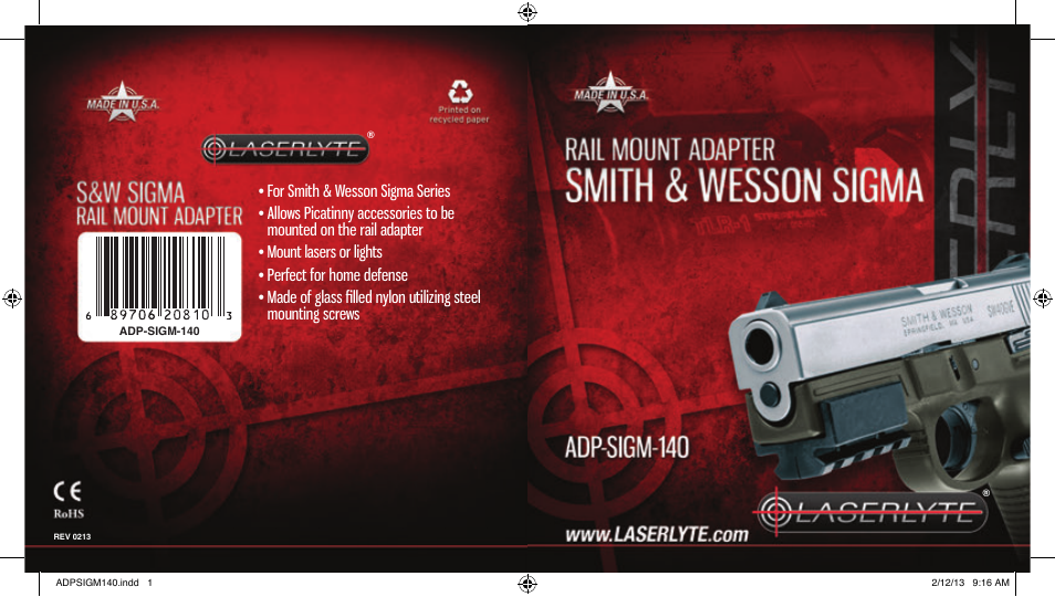 LaserLyte ADP-SIGM-140 - Low Rez Size User Manual | 2 pages