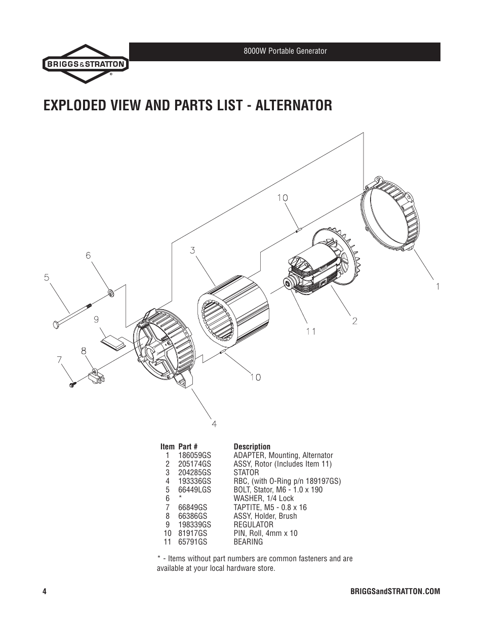 Exploded view and parts list - alternator | Briggs & Stratton 30334 User Manual | Page 4 / 6