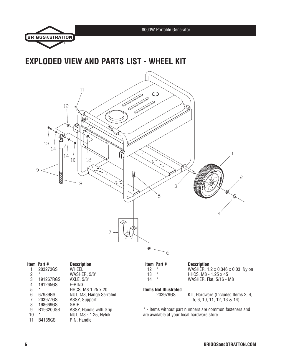 Exploded view and parts list - wheel kit | Briggs & Stratton 30334 User Manual | Page 6 / 6