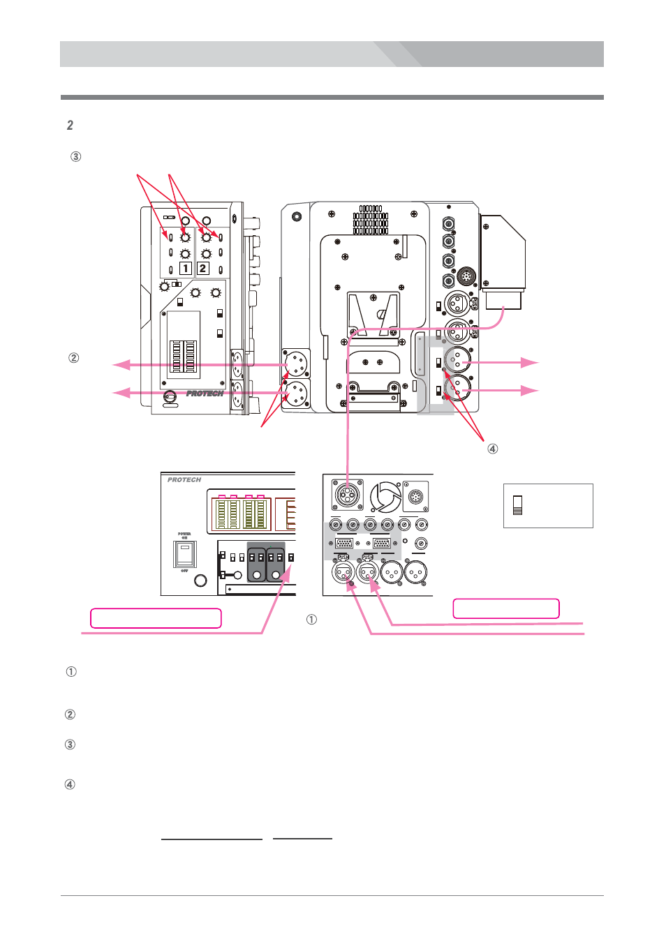 Adjustments and settings for ls-700, Pgm audio output signal monitoring and setting, Headset 1/2 | Pgm 1/2 select switch pgm volume, Pgm audio out 1/2 line/mic select switch, Rear panel), Headset dl-400, Main panel), Front panel), Line : +4db mic : -60db | Nipros LS-800 Operating Instruction User Manual | Page 43 / 56