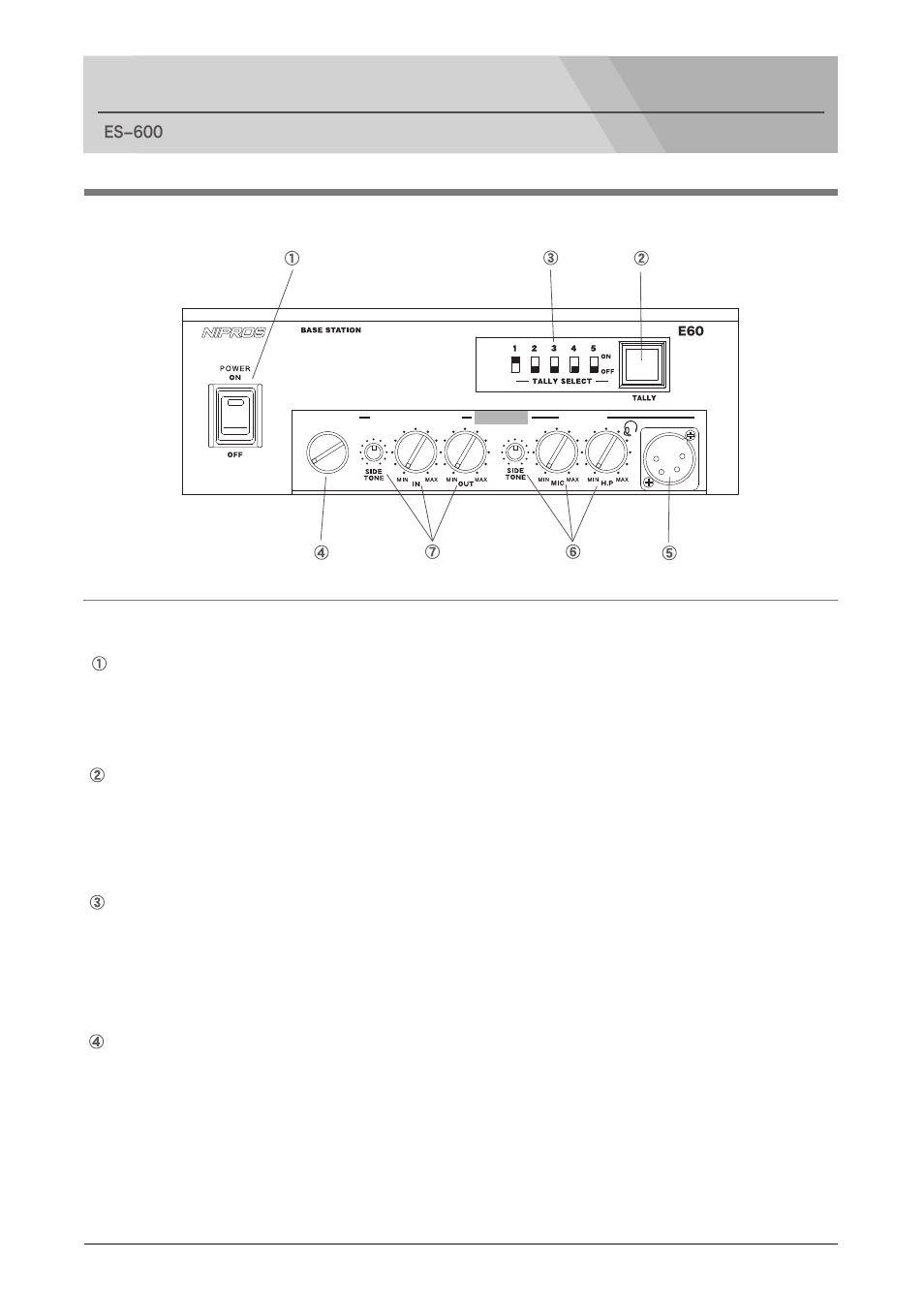 Pdf front panel, Names and functions of parts, Front panel | Power switch and indicator, Tally indicator, Tally select switch, Cable select switch, Base station es−600 | Nipros ES-500 Operating Instruction User Manual | Page 10 / 56
