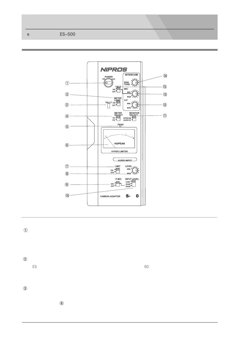 Pdf main panel, Names and functions of parts, Main panel power switch | Tally indicator, Meter light switch, Camera adapter es−500, S-0, Turns the power on and oﬀ, Turns the light of the vu/peak meter on and oﬀ | Nipros ES-500 Operating Instruction User Manual | Page 4 / 56