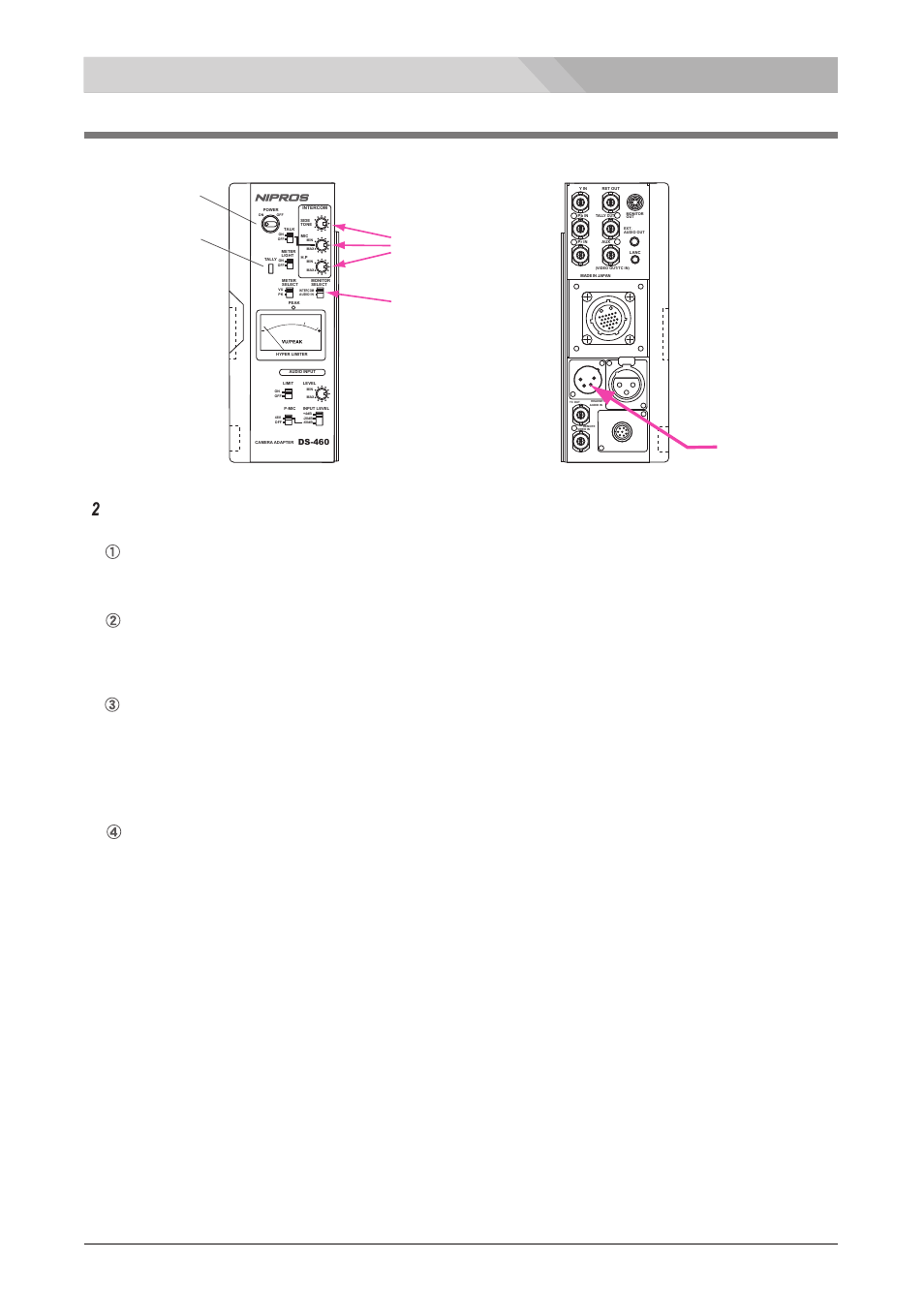 Pdf adjustment, Intercom volume adjustment, Adjustments and settings for ds-460 | Put on the intercom headset dl-400, Multi-core studio system nipros/v26 volumes, インターカムの調整, Monitor select switch, Tally indicator led power switch, Headset connector, Monitor selectスイッチを intercom にセットします。 ds-460 調整と設定 | Nipros ES-500 Operating Instruction User Manual | Page 40 / 56