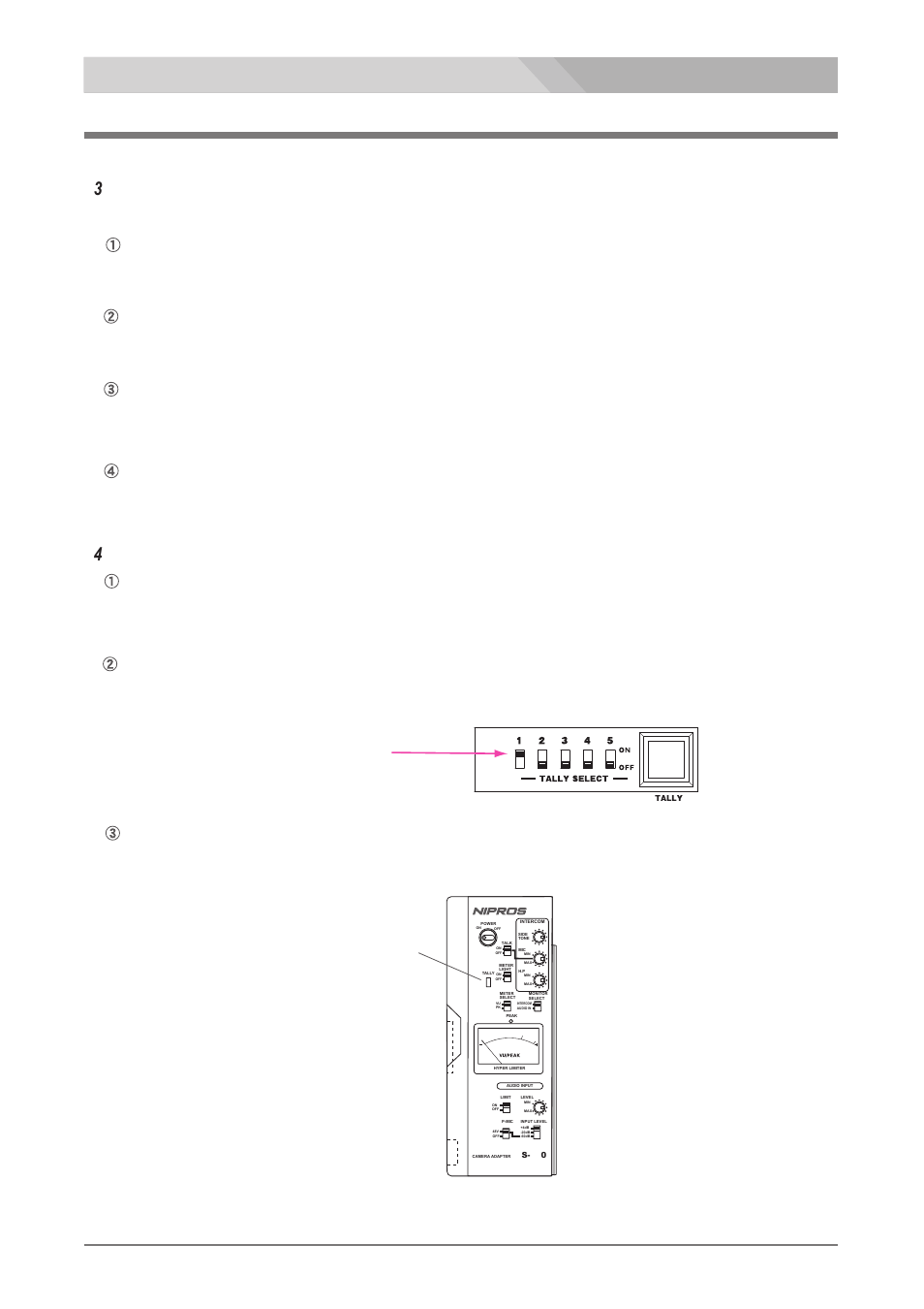 Pdf adjustment, Adjustments and settings for es- 600, Tally indicator setting | Multi-core studio system nipros/v26, Put on the headset dl-400, インターカム4w ライン入出力レベルの調整, タリーの設定, 前面パネルのタリーセレクトスイッチを点灯するように設定したいチャンネルのみonにします, 自分の声が適当に聞こえるようにside toneで調整します, Tally indicator led | Nipros ES-500 Operating Instruction User Manual | Page 42 / 56
