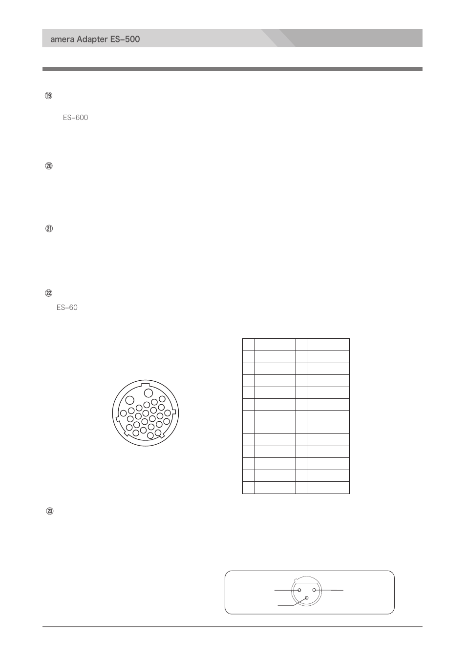 Pdf connector, Connector panel, Aux (video out/tc in) connector (bnc) | Monitor out connector (6-pin, female), Lanc connector (φ2.5 mini jack), Camera connector (26-pin, male), Audio in connector (xlr 3-pin, female), Camera adapter es−500, Pin connector (male) pin assignment | Nipros ES-500 Operating Instruction User Manual | Page 8 / 56