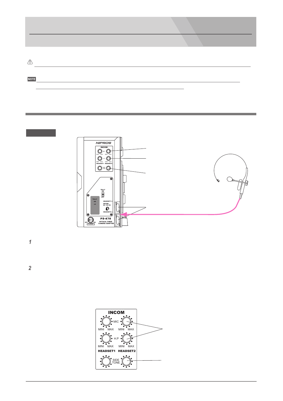 Adjustments and settings, Adjustment for intercom level, Ps-470/1 | Put on the intercom headset dl-400, Incom, Adjust, Mic volume headset 1/2 connectors, H.p volume (headphone) side tone volume | Nipros PS-570/1 User Manual | Page 28 / 36