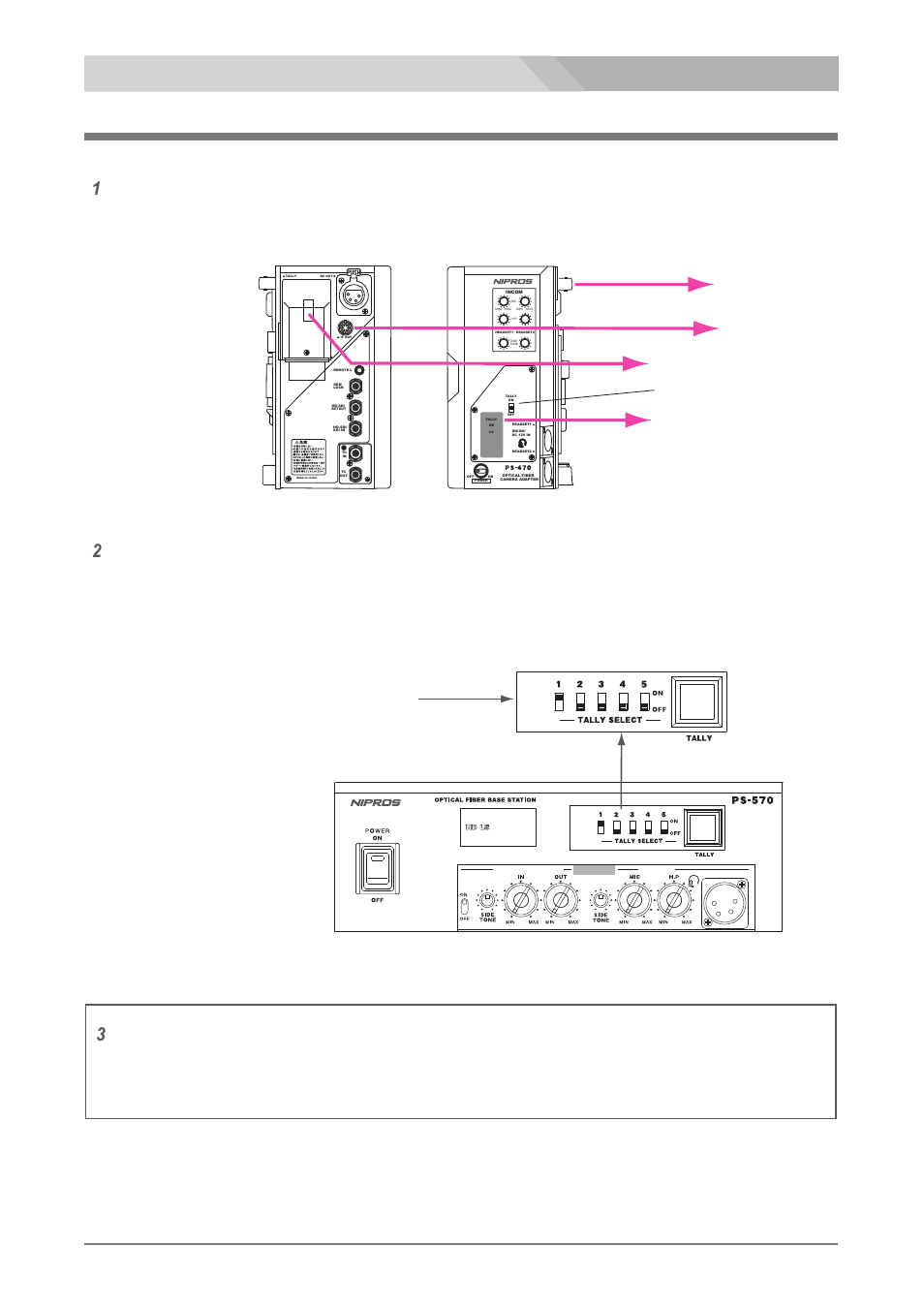 Settings, Adjustments and settings, Tally indicator | Monitor, Turn on the tally on/off switch of ps-470, Tally on/off switch, Tally status indicator, Tally out (bnc), If out (6-pin), Ps-470のタリーon/offスイッチをonにします | Nipros PS-570/1 User Manual | Page 29 / 36