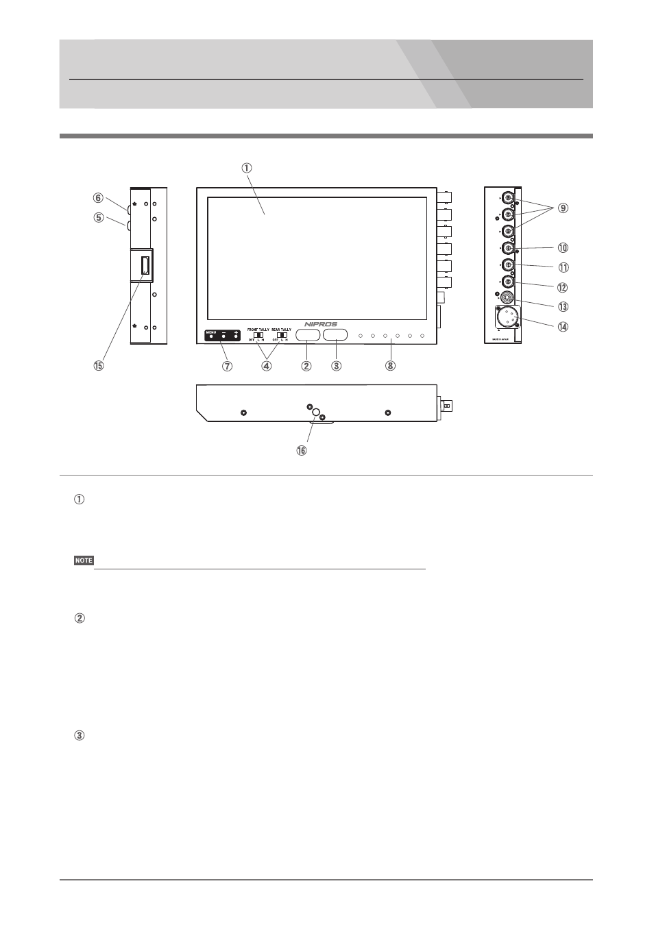 Names and functions of parts, Lvm-89w, Screen front green tally indicator | Front red tally indicator, Hdmi/hd component monitor lvm-89w/universal head | Nipros ES-600 Operating Instruction User Manual | Page 14 / 54