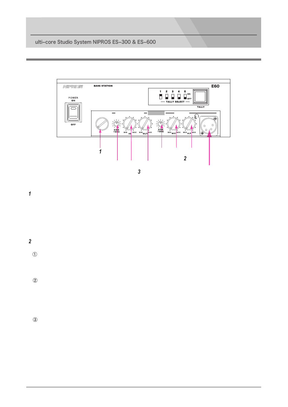 Adjustments and settings, Cable select switch setting, Intercom / headset volume adjustment | Adjustments and settings for es­600 | Nipros ES-600 Operating Instruction User Manual | Page 39 / 54
