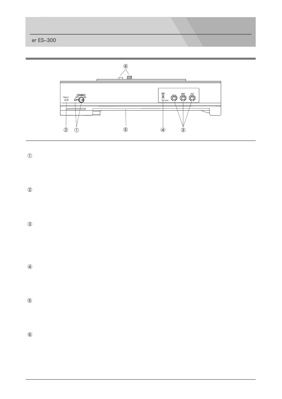 Names and functions of parts, Main panel, Power switch and indicator | Tally indicator, Mic on/off switch, Tripod adaptor plate, Tripod screw and pin | Nipros ES-600 Operating Instruction User Manual | Page 4 / 54