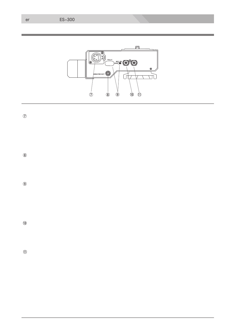 Front panel, Dc12v out connector (xlr 4-pin, female), Ret out connector (bnc) | Camera adapter es−300 | Nipros ES-600 Operating Instruction User Manual | Page 5 / 54