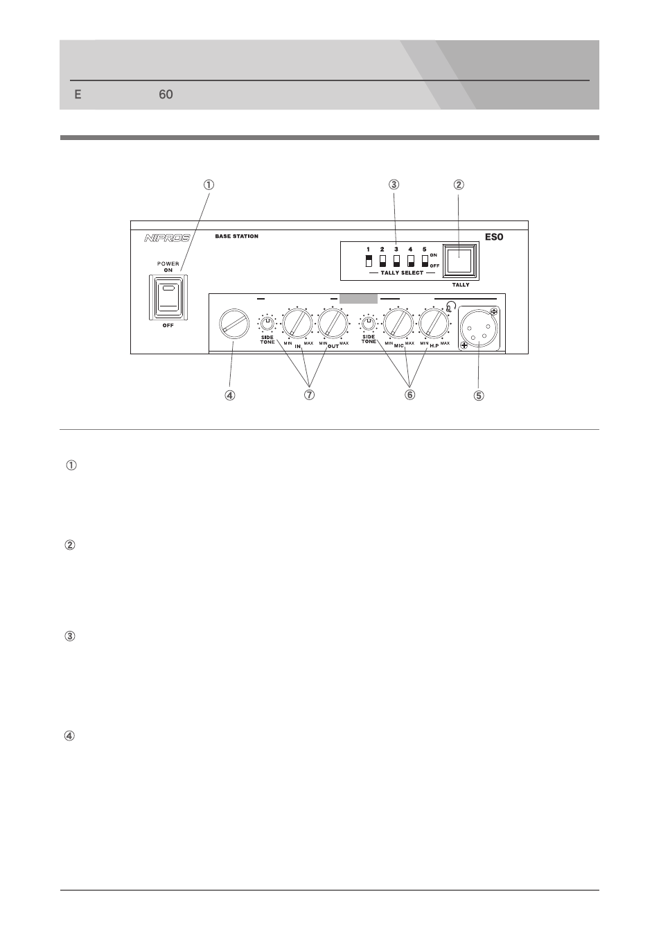 Names and functions of parts, Front panel power switch and indicator, Tally indicator | Tally select switch, Cable select switch, Base station es-600 | Nipros ES-600 Operating Instruction User Manual | Page 9 / 54