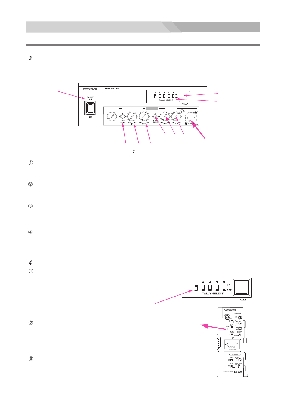 Adjustments and settigs for es-600p, Tally indicator setting, Put on the headset dl-400 | インターカム4w ライン入出力レベルの調整, Es-600p, タリーの設定, Es-600p 調整と設定, 自分の声が適当に聞こえるようにside toneで調整します, ヘッドセットdl-400を装着します, Es-600p 調整・設定 | Nipros ES-600P User Manual | Page 28 / 35