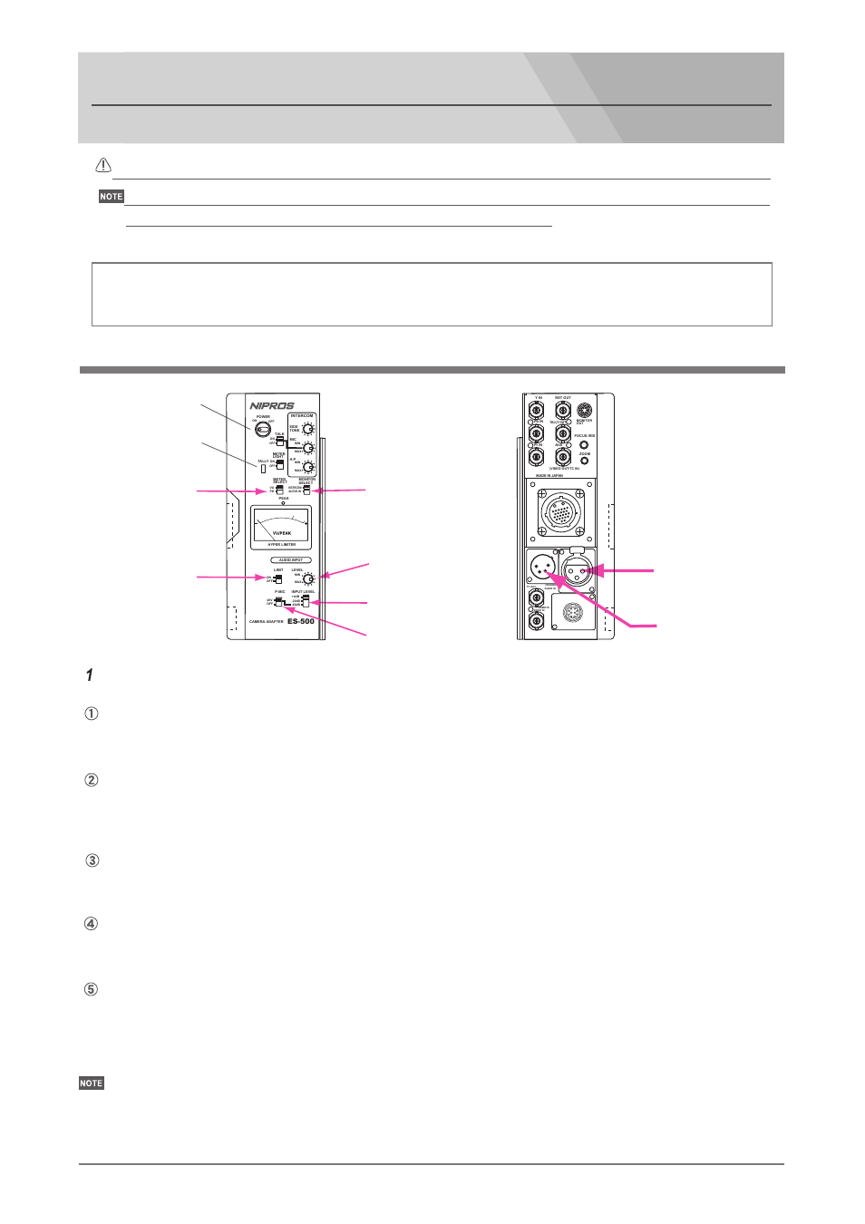 Adjustments and settings, Audio signal adjustment, Adjustments and settings for es-500p | オーディオ入力の調整, オーディオ信号を接続し、ヘッドセットdl-400を装着します, Tally indicator led power switch, Headset es-500p 調整と設定 | Nipros ES-500P Operating Instruction User Manual | Page 28 / 36