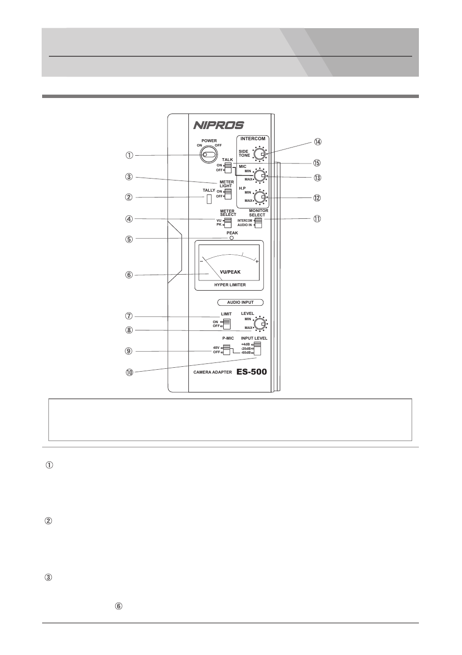 Names and functions of parts, Main panel power switch, Tally indicator | Meter light switch, Camera adaptor es-500p, Es-500, Turns the power on and oﬀ | Nipros ES-500P Operating Instruction User Manual | Page 4 / 36