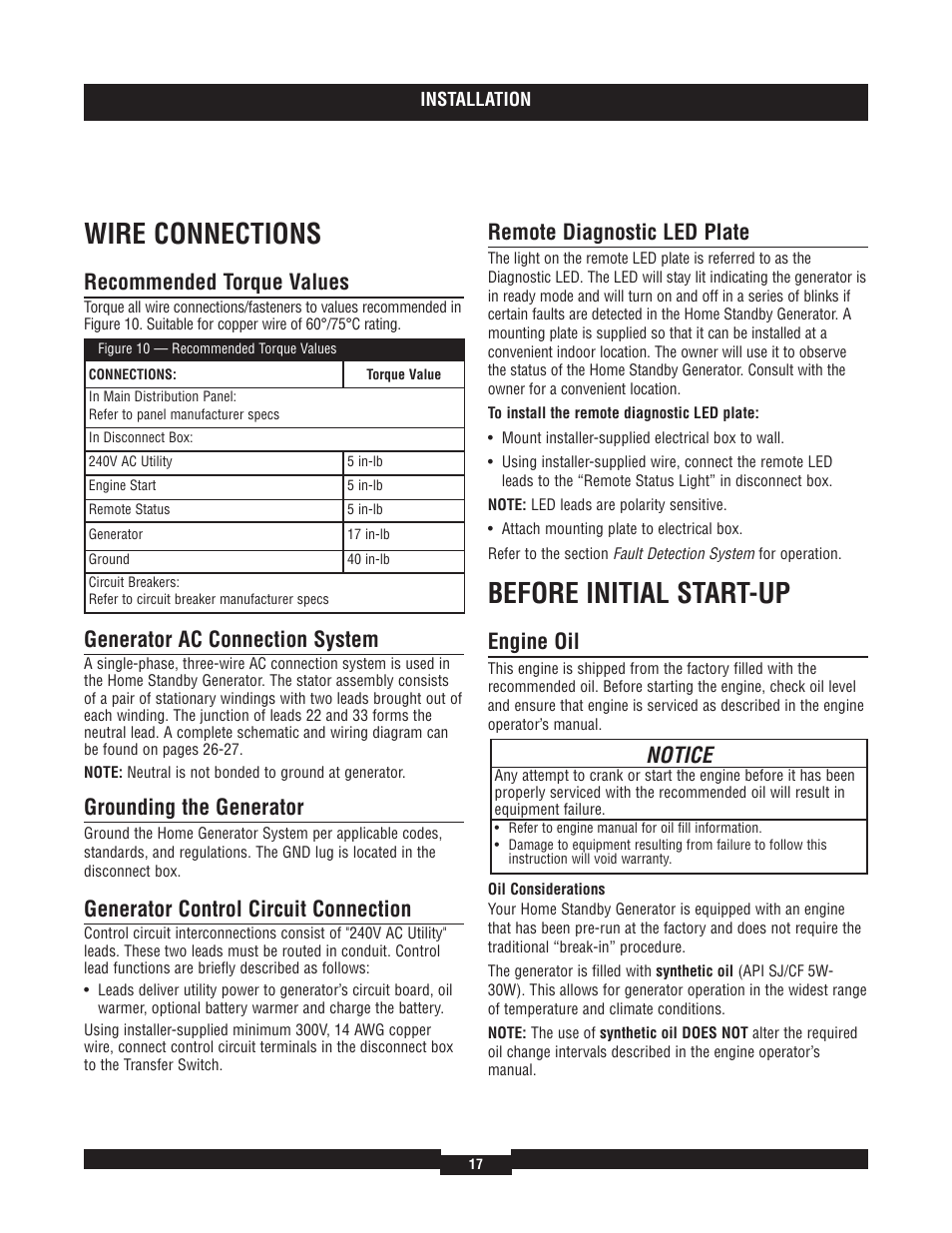 Setting exercise time, Generator maintenan, Setting exercise timer | Generator maintenance, Wire connections, Before initial start-up, Recommended torque values, Generator ac connection system, Grounding the generator, Generator control circuit connection | Briggs & Stratton 7000 RATED WATTS 040220A User Manual | Page 17 / 80