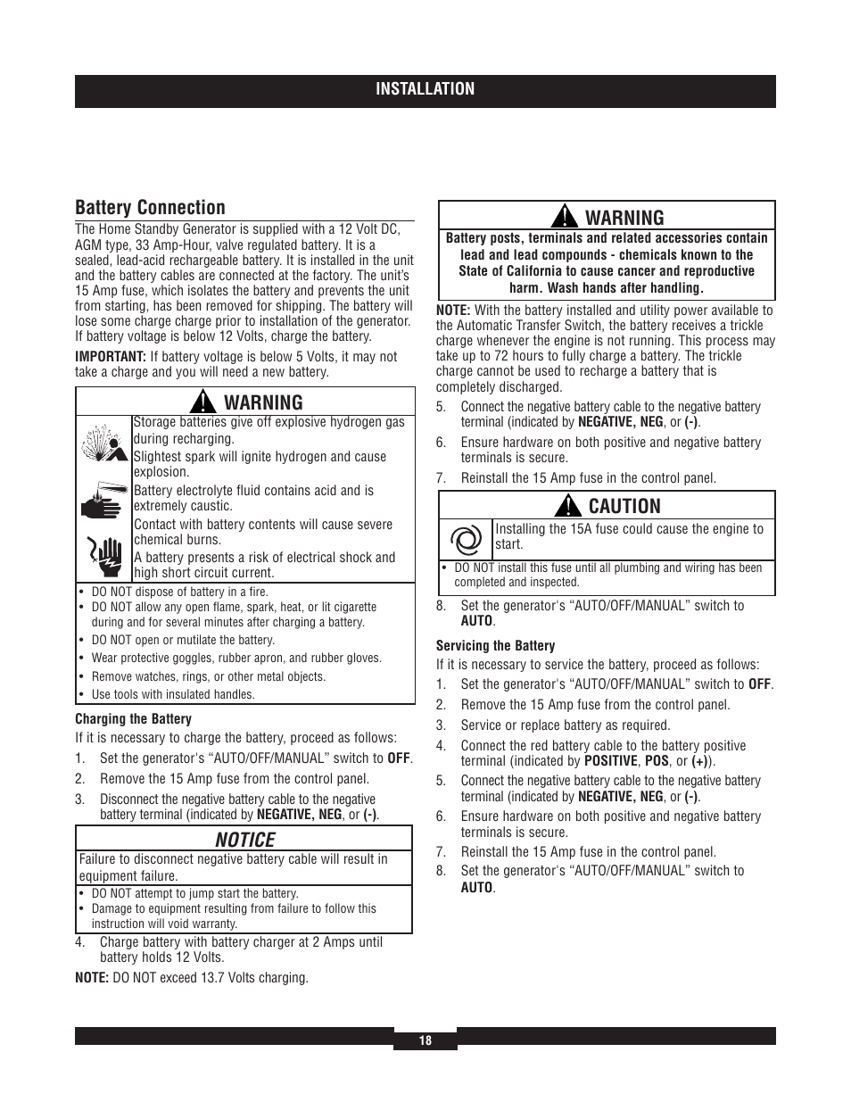 Fuel system selectio, Fuel system selection, Battery connection | Notice, Warning, Caution | Briggs & Stratton 7000 RATED WATTS 040220A User Manual | Page 18 / 80