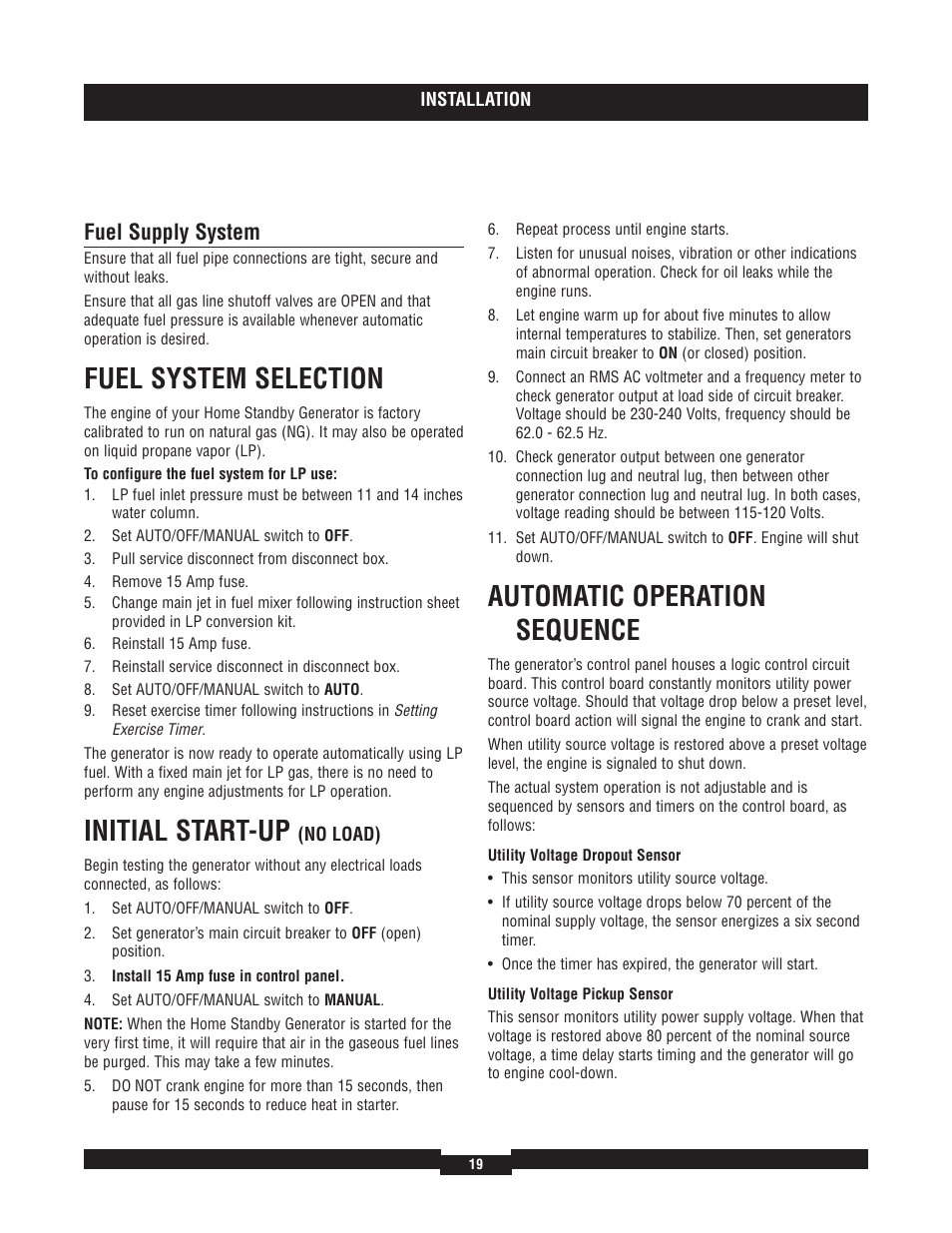 Fuel system selection, Initial start-up, Automatic operation sequence | Fuel supply system | Briggs & Stratton 7000 RATED WATTS 040220A User Manual | Page 19 / 80