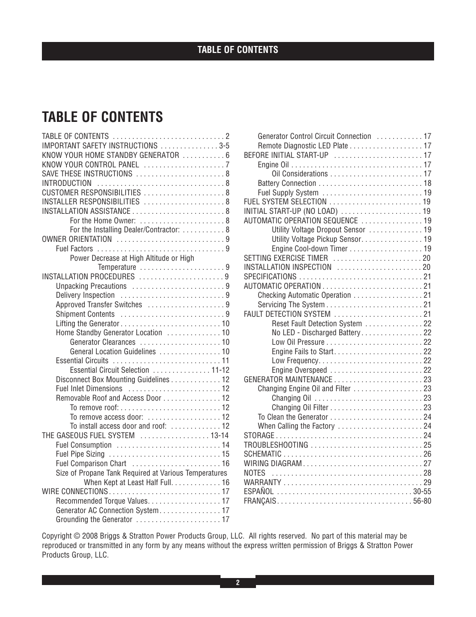 Briggs & Stratton 7000 RATED WATTS 040220A User Manual | Page 2 / 80