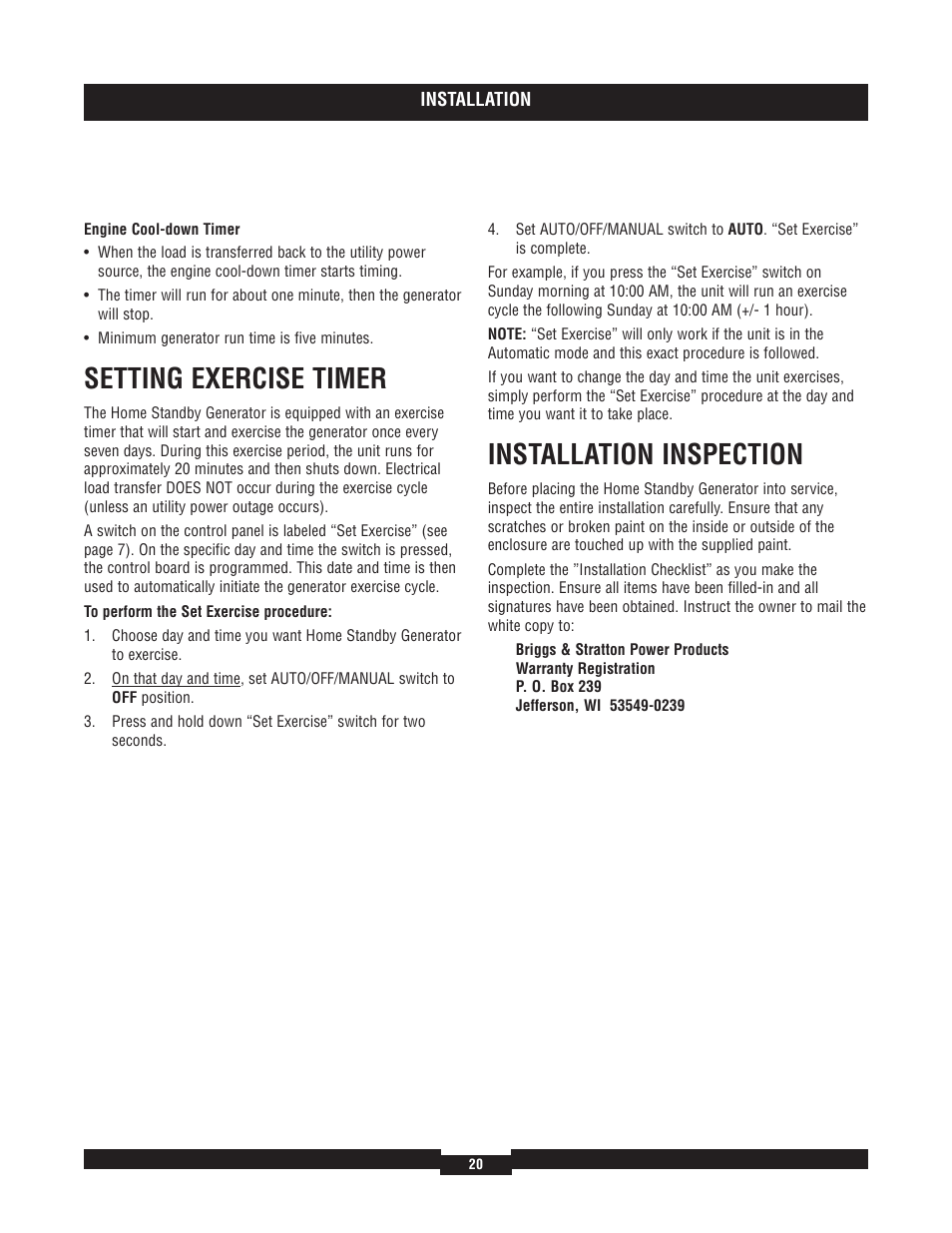Calling the facto, Calling the factory, Setting exercise timer | Installation inspection | Briggs & Stratton 7000 RATED WATTS 040220A User Manual | Page 20 / 80