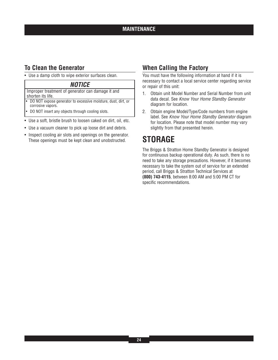 Storage, When calling the factory, Notice | Briggs & Stratton 7000 RATED WATTS 040220A User Manual | Page 24 / 80