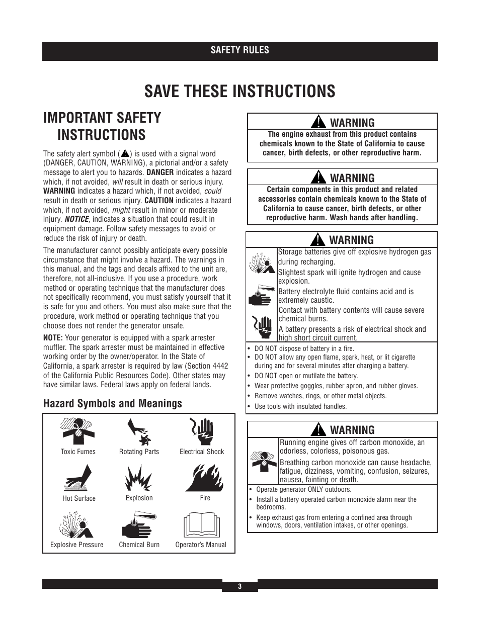 Safety instructions, Safety instructions -5, Save these instructions | Important safety instructions, Hazard symbols and meanings, Warning | Briggs & Stratton 7000 RATED WATTS 040220A User Manual | Page 3 / 80