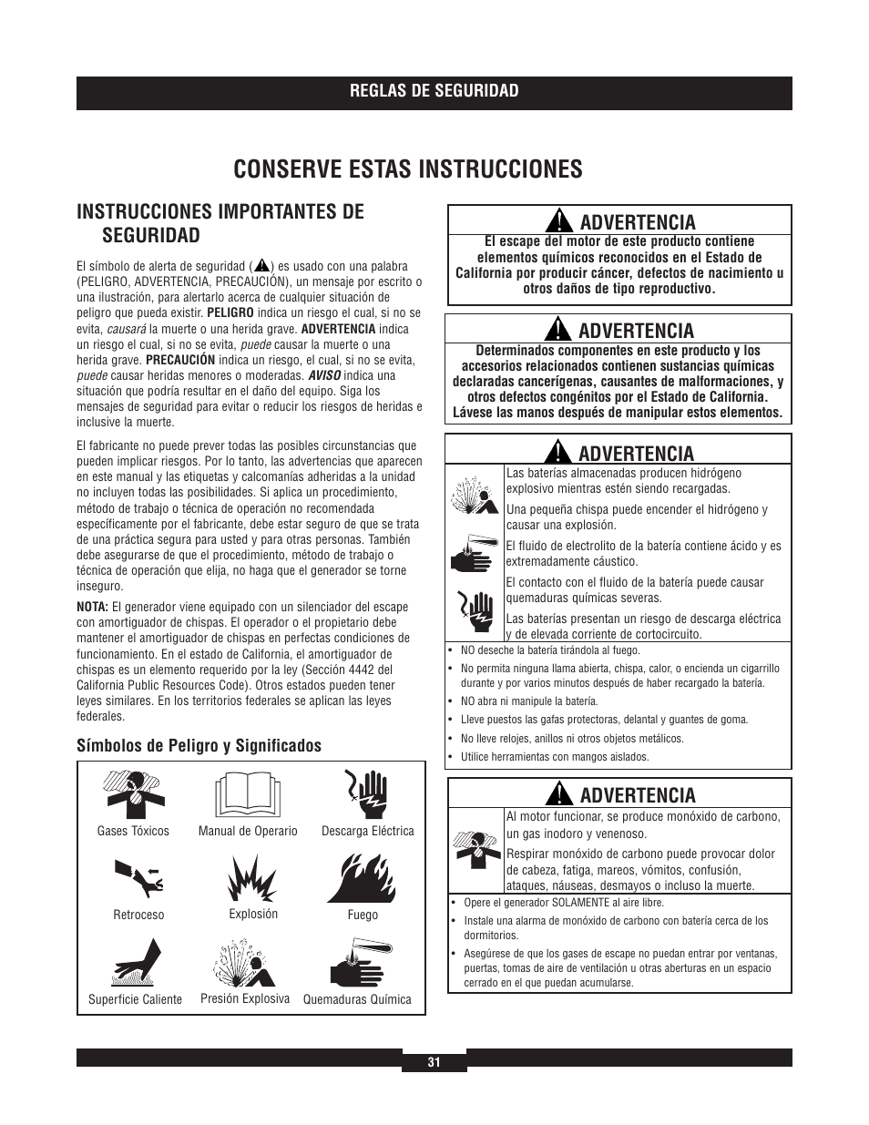 Conserve estas instrucciones, Instrucciones importantes de seguridad, Advertencia | Briggs & Stratton 7000 RATED WATTS 040220A User Manual | Page 31 / 80