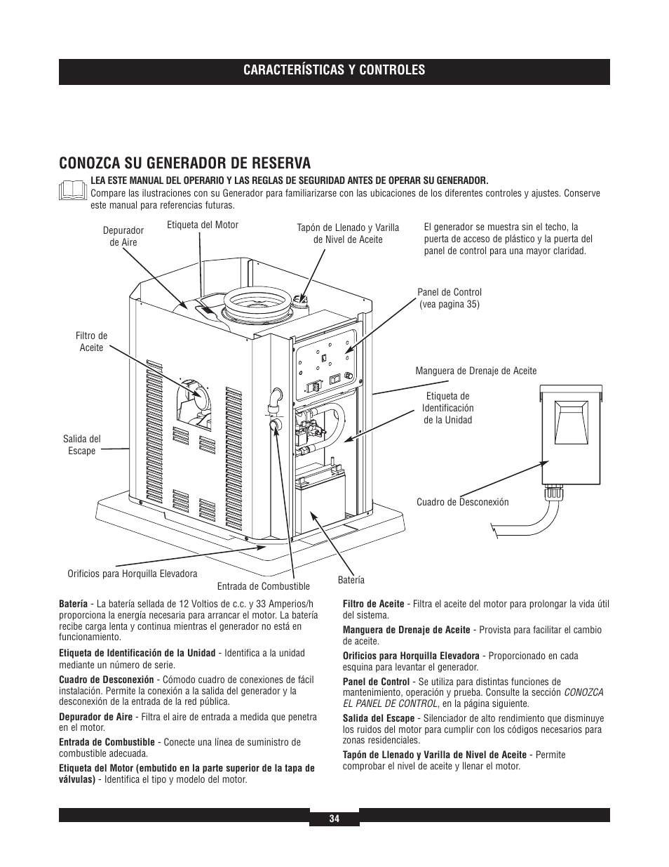 Conozca su generador de reserva, Características y controles | Briggs & Stratton 7000 RATED WATTS 040220A User Manual | Page 34 / 80